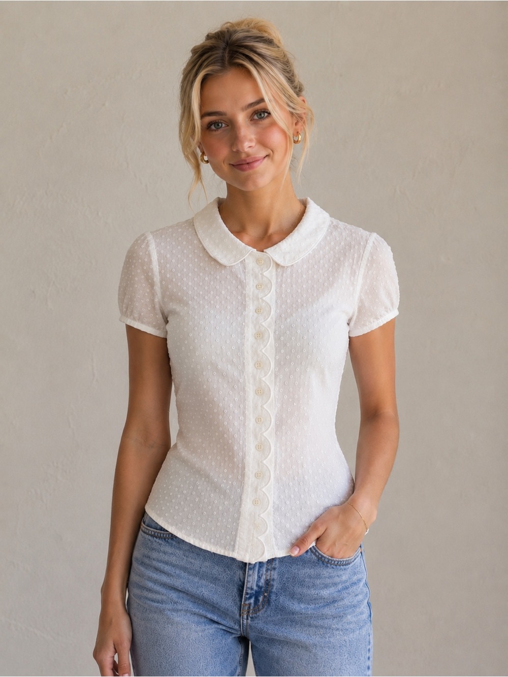 Boden Women’s White Swiss Dot Peter Pan Scallop Button-Down SS Blouse US 6 EUC